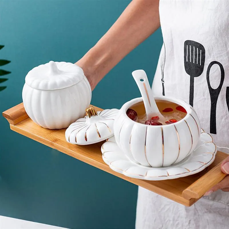 Mugs Pumpkin Shape Ceramic Bowls Soup Stew Pot Rice Cereal Serving Dessert Steaming Bowl Kitchen Tableware With Lid Dish