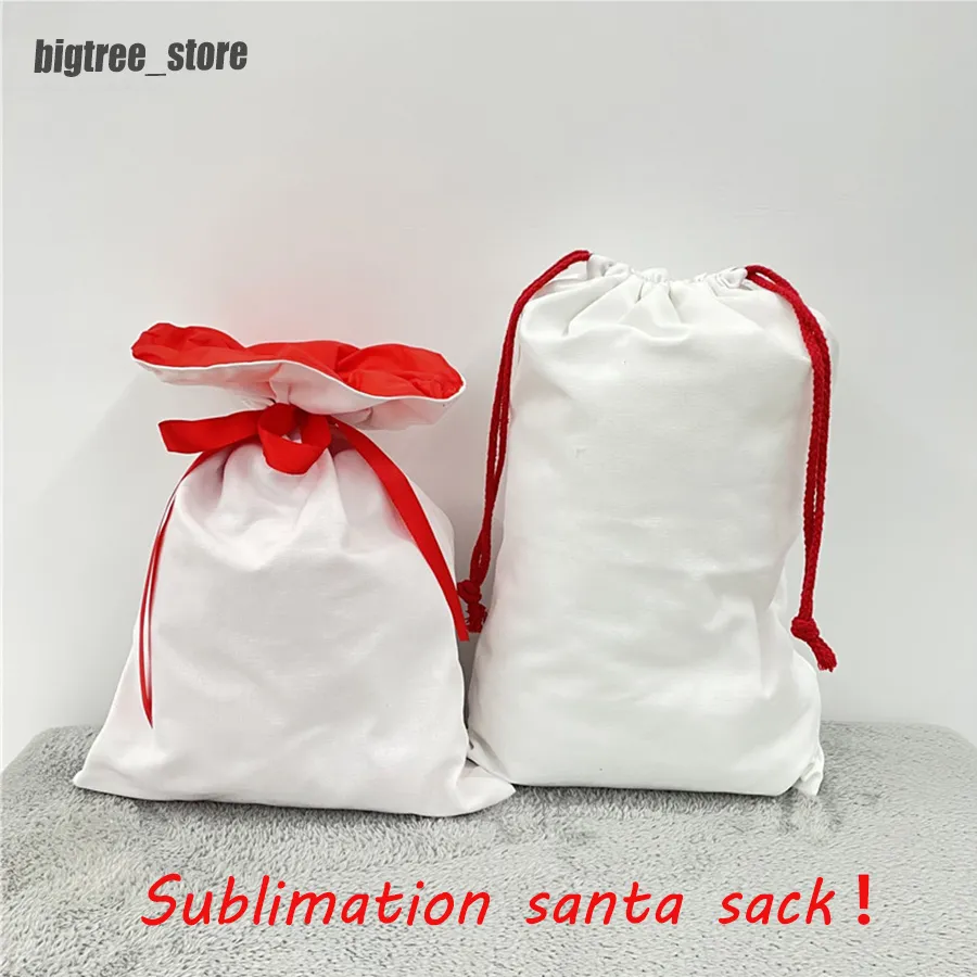 Sublimation Christmas Santa Sacks 소형 중간 큰 이중 레이어 크리스마스 폴리 에스테르 캔버스 선물 가방 사탕 가방 재사용 Xmas 패키지 저장을위한 재사용 가능
