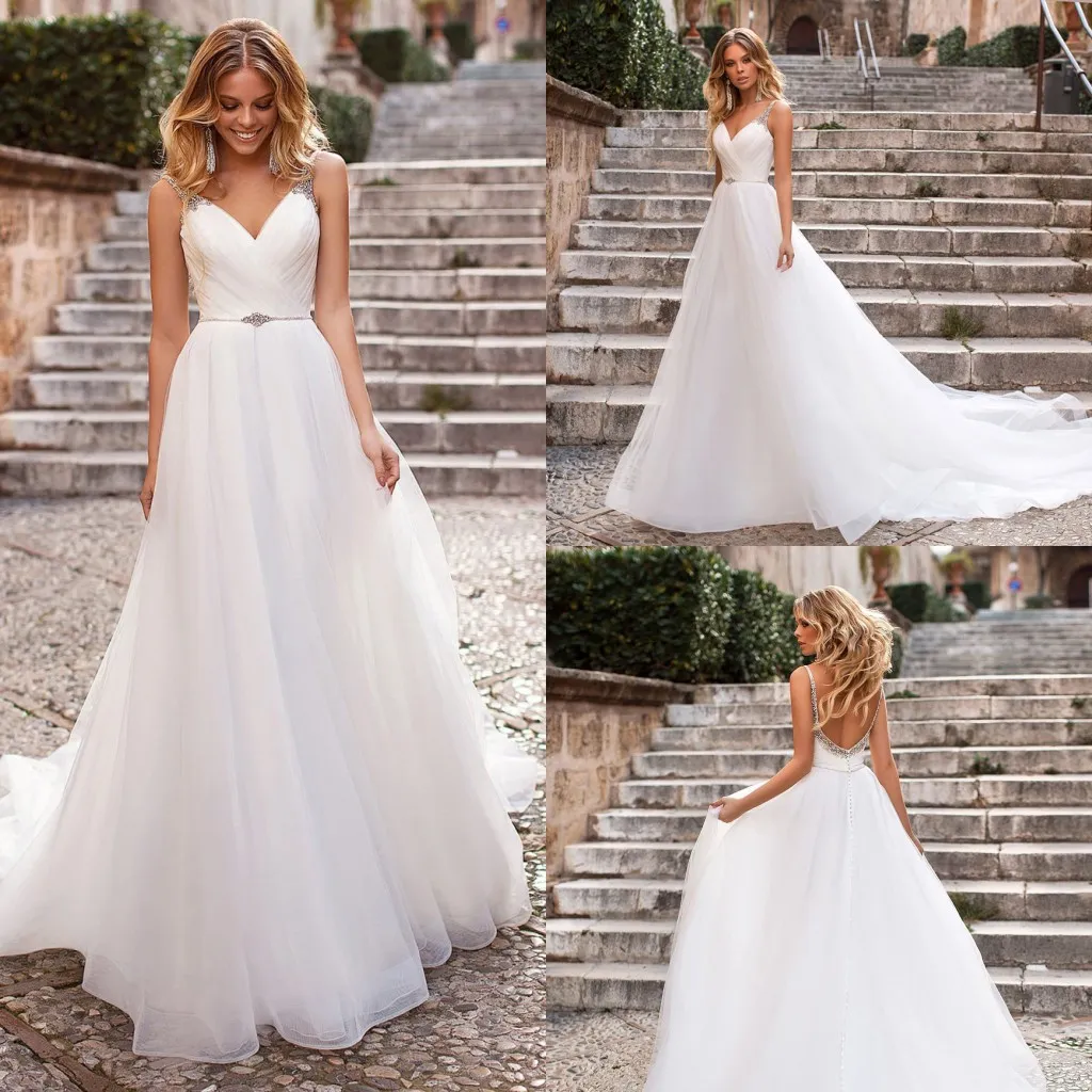 Spaghetti Straps Backless Wedding Dress 2023 With Rhinestones Crystals Sleeveless A-line Bridal Gown V Neck Robe de Mariee New