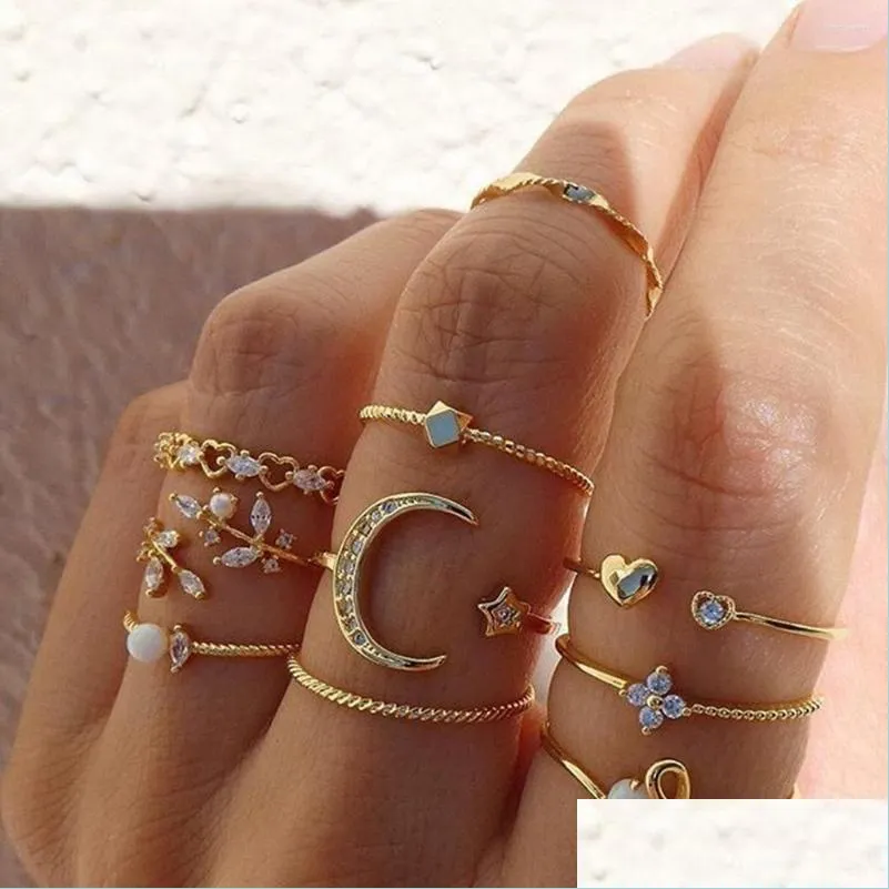 Cluster-Ringe Cluster-Ringe Ifme Böhmisches Goldketten-Set für Frauen Mode Boho Münze Schlange Mond Kleine Größe Kristall Party 2022 Trend Dhpyh