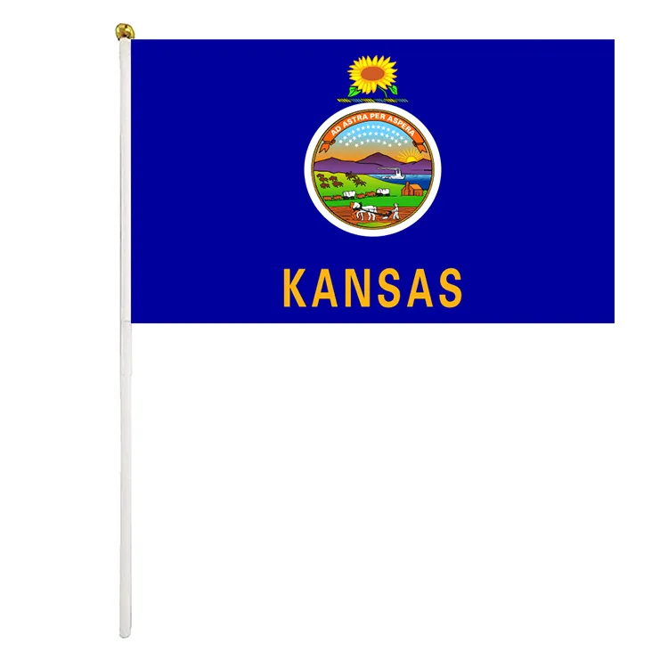 USA-Kansas-Handflagge, 14 x 21 cm, Polyester, Mini-Amerika-Handfahnen mit Kunststoff-Fahnenmasten für Paraden, Sportveranstaltungen