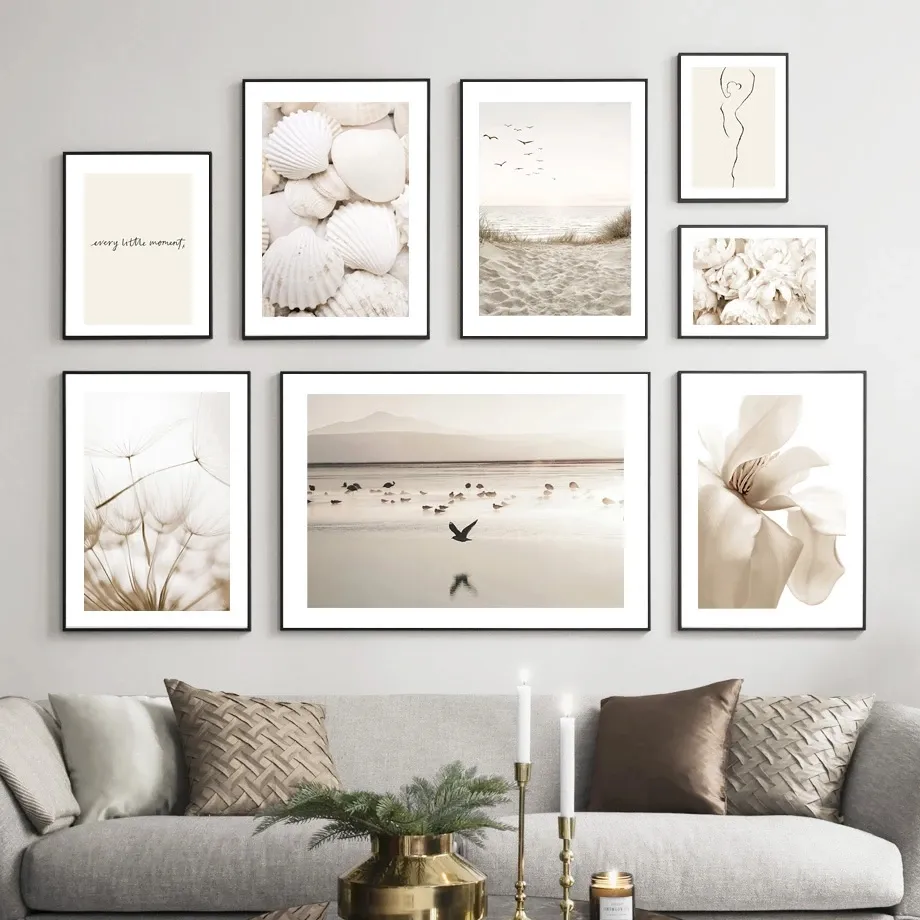 Canvas schilderen Witte schaal Strand Flower Dandelion Wall Art Poster Noordse posters en afdrukken Wandfoto's voor woonkamer Home Decor Frameless