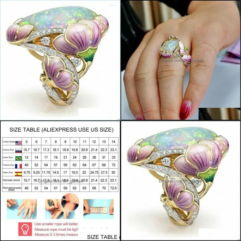 Anneaux De Mariage Anneaux De Mariage Bohême Rétro Fleur De Lotus Anneau Pour Les Femmes De La Mode Grand Opale Strass Fête Anniversaire Cadeau Femme Girlsw Dhfqg