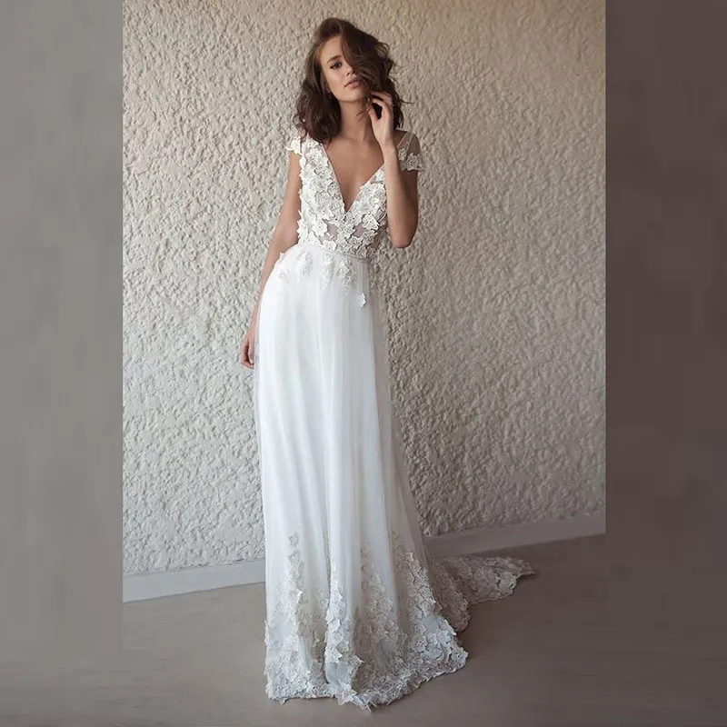 Очаровательное Бохо полноценное кружевное аппликация свадебные платья невесты шва