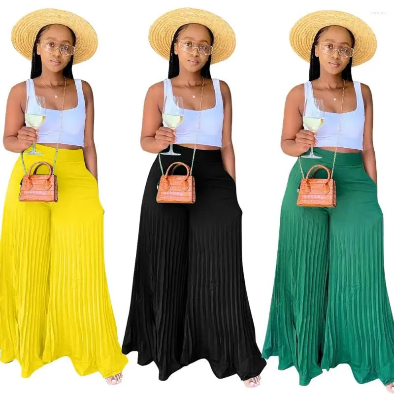 Women's Pants Elegant Wide Leg Straight High Waist Pleated For Women 2022 Summer Beach Holiday Boho Trousers