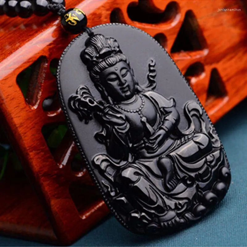 Pendentif Colliers Obsidienne Noire Naturelle Sculpté Mer De Chine Du Sud Guanyin Bouddha Pendentifs Fit Mode Chandail Collier Fabrication De Bijoux