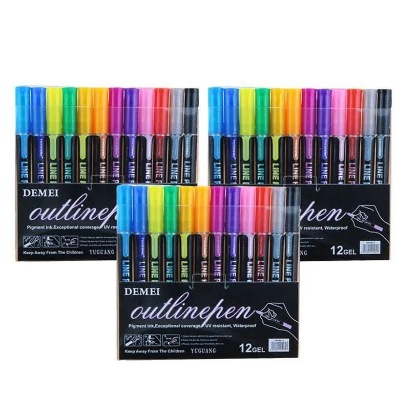 Маркеры 12 цветов двойной линейки Metallic Colline Out Marker Blitter для Ding Painting Doodling School Art Supplies 211104 DR DHTMB