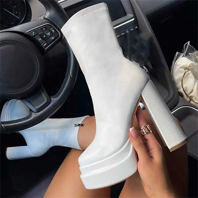 Boots 2022 Goth Women Ankle Sexy Female er High Heels Platform Shoes Solid Thick Bottom Ladies Zipper Fashion Short Boot Y2210