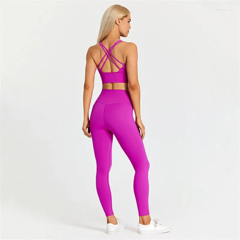 Active Sets Solid Color Yoga Set Tight Leggings Sports Fitness Cross Gym Bra Top 2pcs Soft Sport Suit Workout Training For Women Sportwear