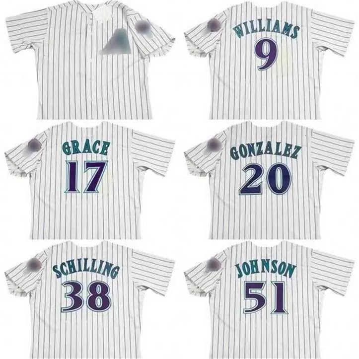 Proword C202 Arizona 9 MATT WILLIAMS 17 MARK GRACE 20 LUIS GONZALEZ 38 CURT SCHILLING 51 RANDY JOHNSON maillot de baseball