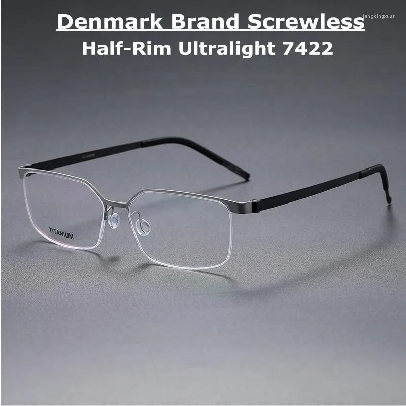 Солнцезащитные очки рамы Дания Бренд Бренд Титановые очки Рамки мужчина без винтовых глаз 7422 Женщины полудивные оптические ультрасовые очки