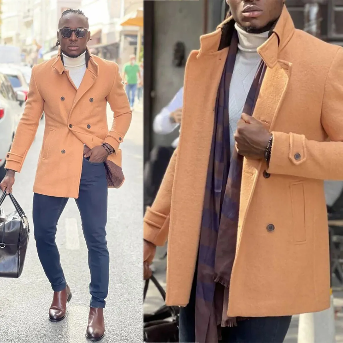 Hiver Mens Woolen Tuxedos Overcoats Veste courte Veste Bright Orange Groom Prom M manteau Business Wear tenue One Piece