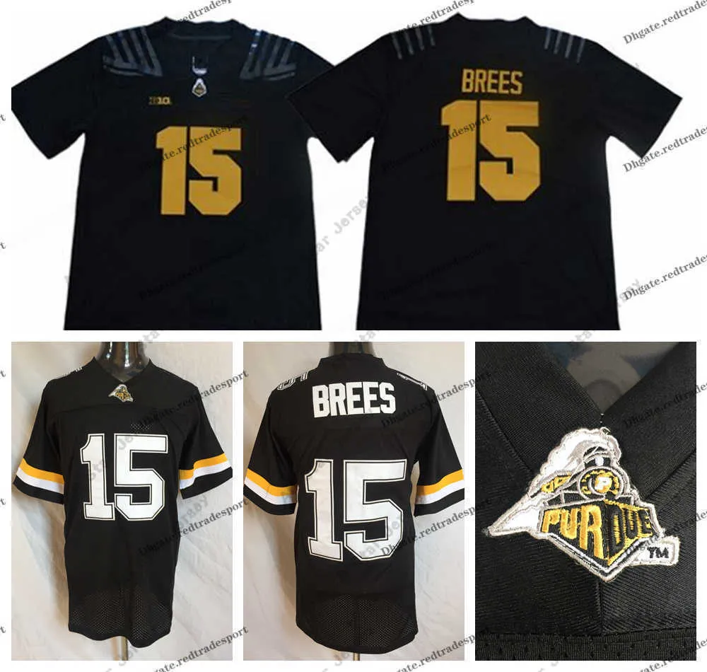 American College Football Wear Mens Vintage Purdue Boilermakers # 15 Drew Brees College Football Maglie Retro Home BLack University Football Shirts S-XXXL