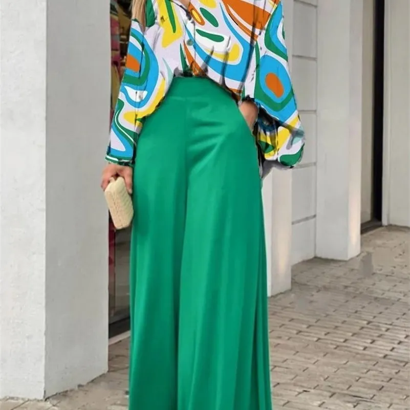 Kadın İki Parça Pantolon Moda Batwing Kollu Geniş Bacak Kadın Setleri Bayan Kıyafetleri Güz Giysileri Yeşil Zarif Ofis Gömlek 2 221027