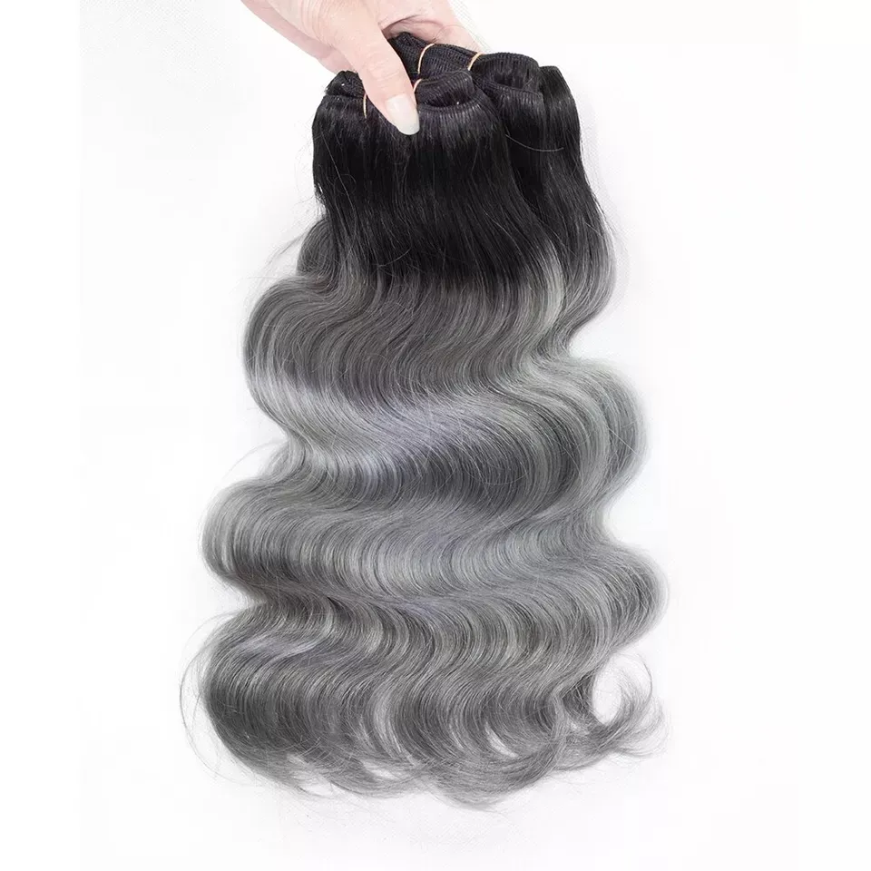 Gris foncé avec des racines noires faisceaux de cheveux Body Wave Ombre Couleur trame humaine Remy Extensions de cheveux pré-colorés brésiliens 100g