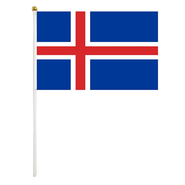 Island Handheld Flag 14x21 cm Polyester Mini Iceland Handwardenflaggen mit Plastik -Fahnenmasten für Paradensportveranstaltungen