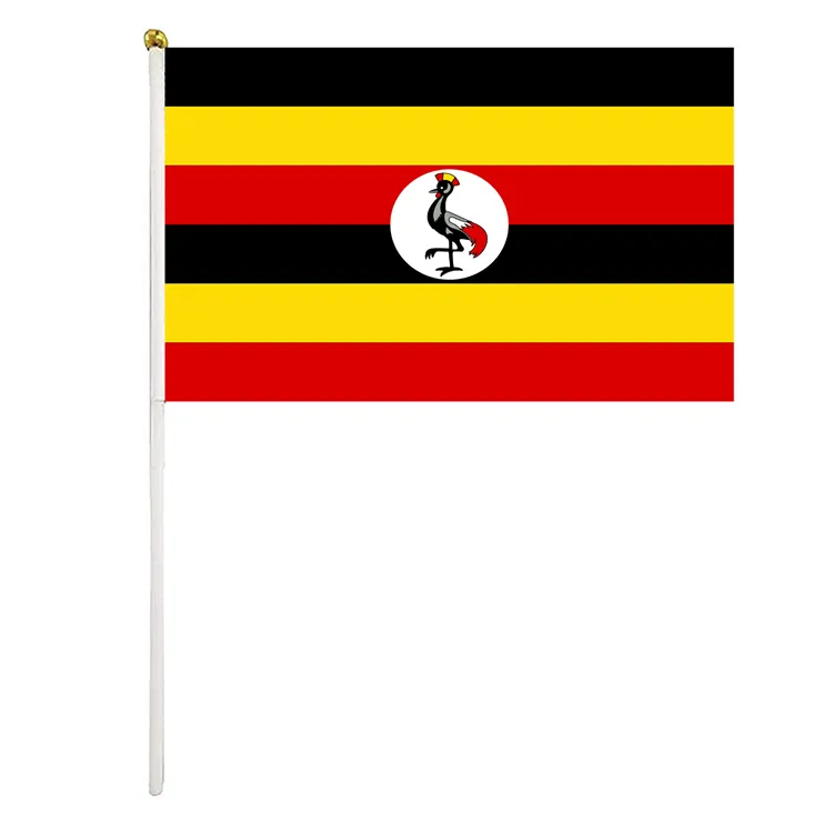 Drapeau portable ougandais 14x21 cm Polyester mini drapeau agitant à la main de l'Ouganda avec des mâts en plastique pour les défilés sports