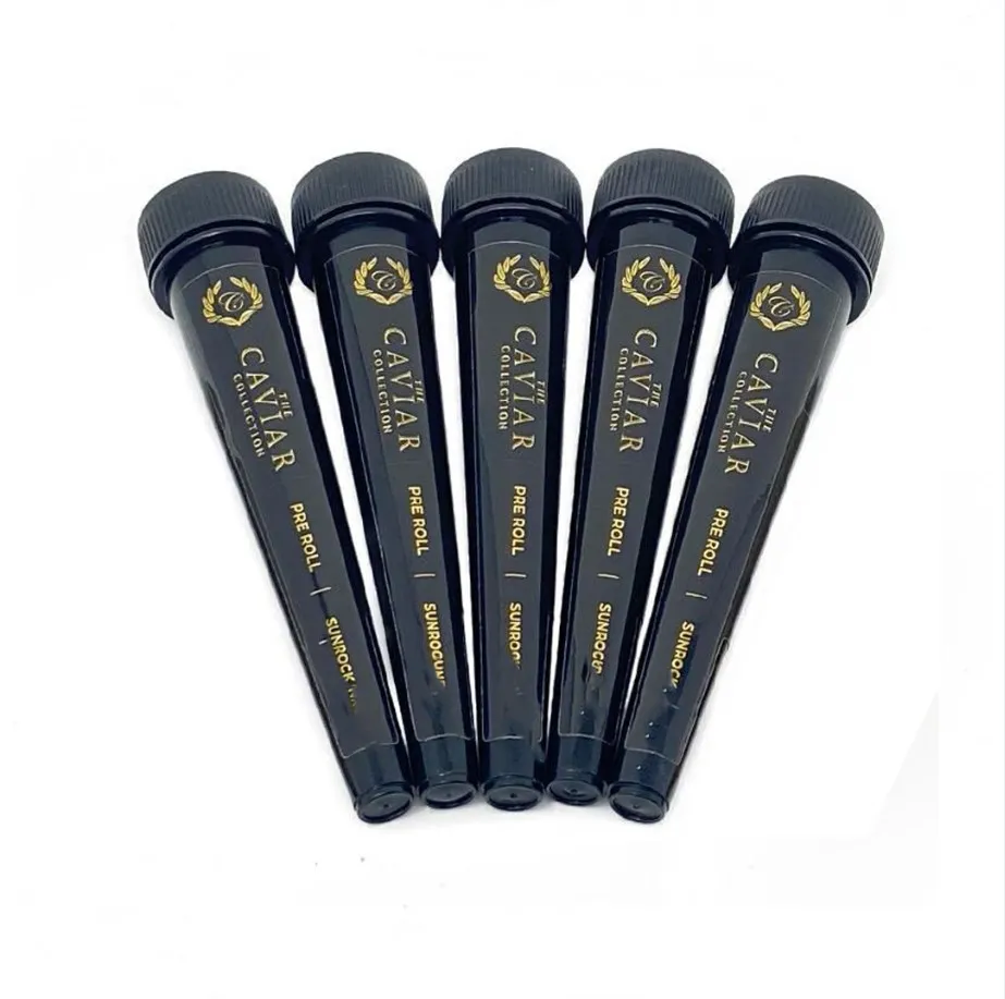 116mm Prerolls Cone Joint Caviar Black Child Proof Plastic Tube Packaging WIth CR Black Lids Gold lettered sticker