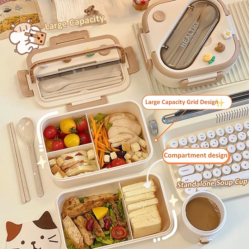 1000ml Cute Wheat Straw Lunch Box With Sticker For Kids School Adults  Office Microwave Picnic Portable