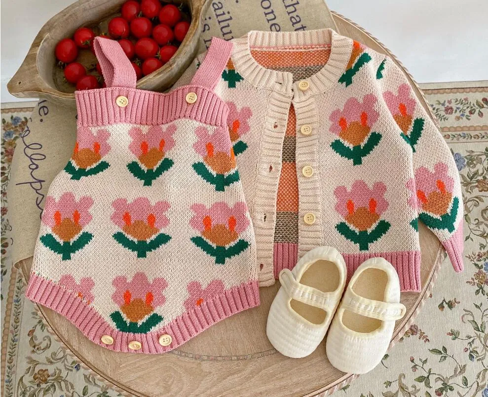 3M-2T INS Baby Girls Cardigan مع سترة متشابكة زهرة و Romper بنسبة 100 ٪ من القطن لفتاة ربيع الخريف الملابس 86073