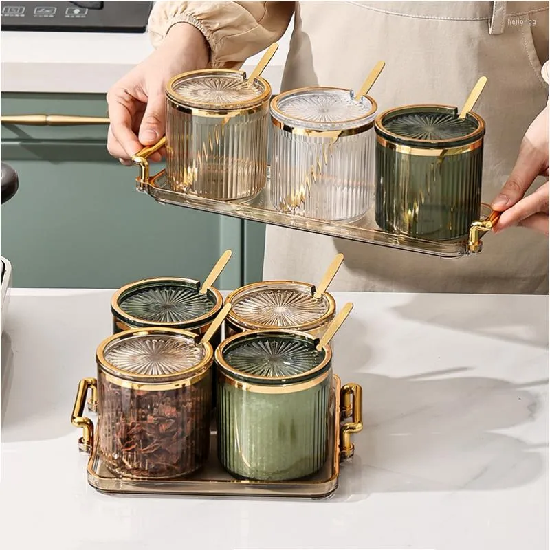 Opslagflessen Goud Acryl Stripe Kruiden Jar Set Huishoudelijk Sugar Bowl Luchtdichte keukenbenodigdheden Flessenkorrel dispenser