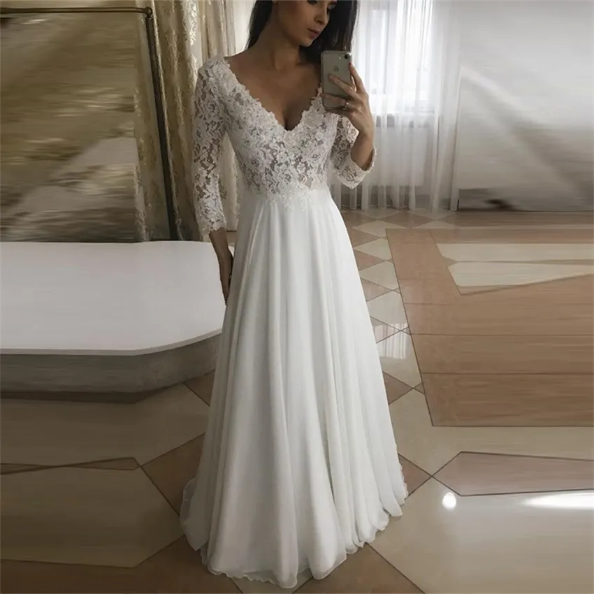 Long Sleeve Lace Chiffon Beach Wedding Gown - A-e V-neck or Length Long Sleeve bridal dress