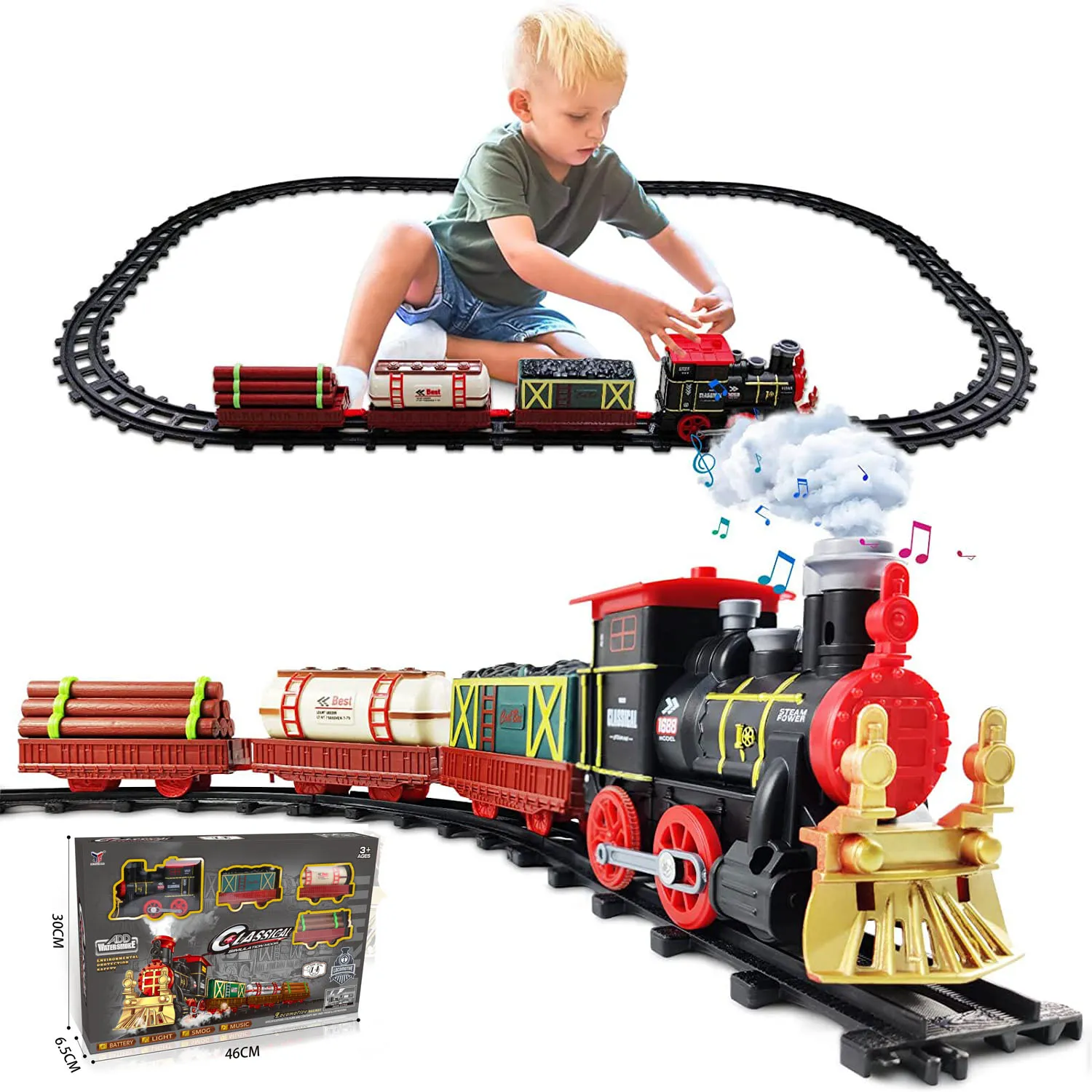 Ensemble de jouets de piste électrique Train à piles autour avec des voitures de moteur de locomotive à vapeur de jouet de lumière de fumée