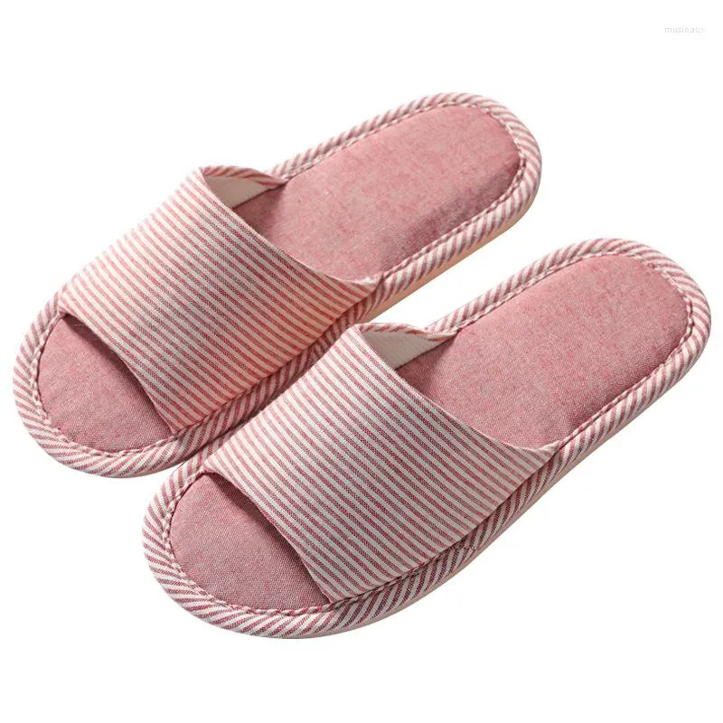 Slippers Pinstripe Linen Four Seasons For Women Men Summer Shoes Open Toe Indoor Wooden Floor Non-slip Slides