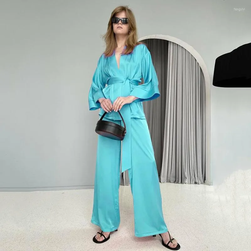 Women's Two Piece Pants 2022 Fashion Suit Satin Ding Three Quarter Sleeve 2 Set Belt Design Casual Active Wear Women Streetwear