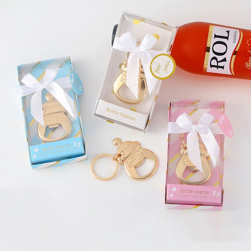 50pcs en gros de la fête de mariage présente une nouvelle création de bouteille d'alimentation créative Keychain ouvreur de bouteille en or dans la boîte à cadeaux Baby Shower Favors