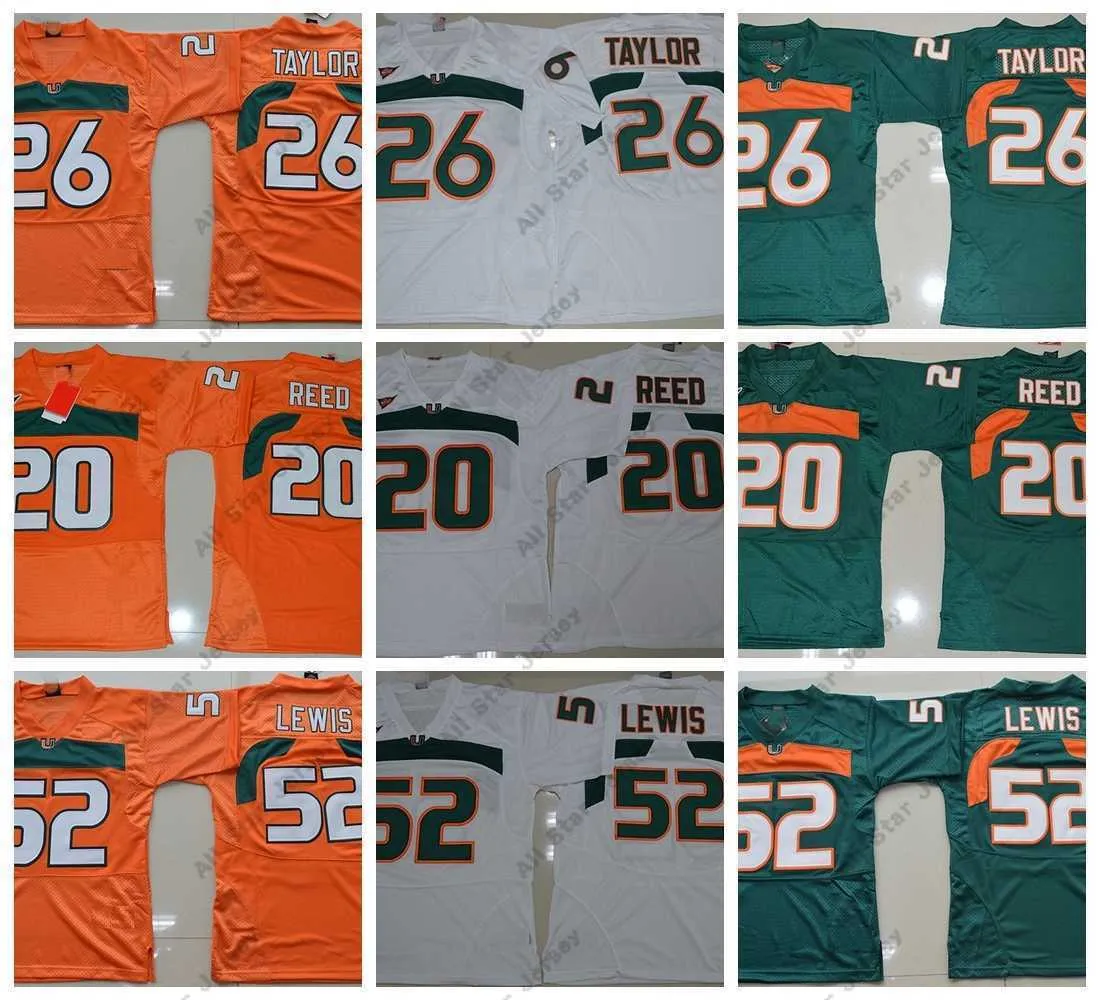 Vintage Miami Hurricanes College Football Jerseys Verde 26 Sean Taylor 52 Ray Lewis R.lewis 20 Ed Reed