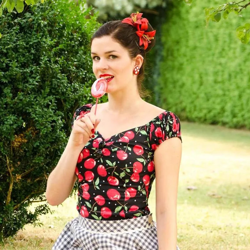 Koszule damskie 40- Kobiety vintage 50s Dolores Cherry Top Sweet Dekolt Off ramię Fit Camisa Campesina Tops Pinup Plus Size