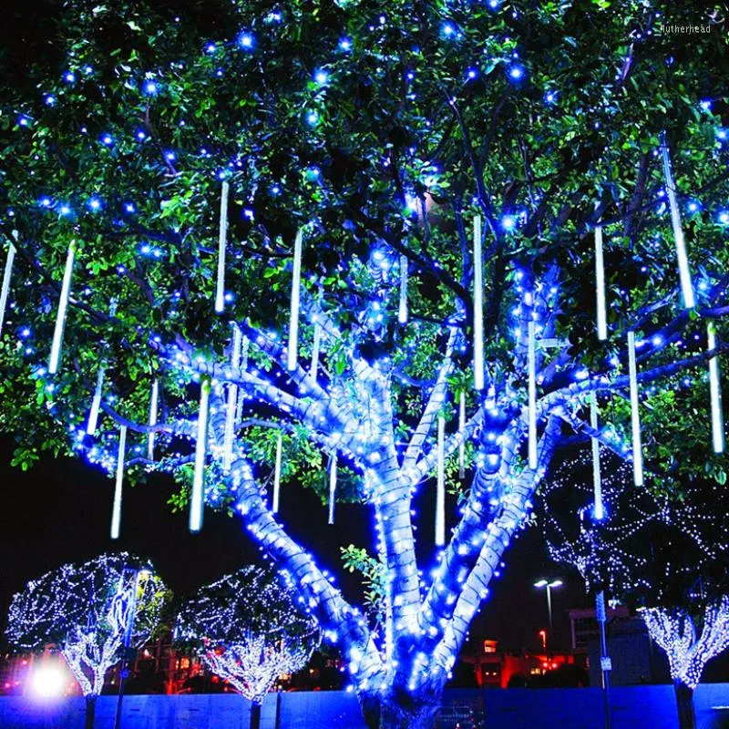 Cuerdas 4 unids 32 tubos Lluvia de meteoros Lluvia LED Luces de cadena Decoraciones navideñas Calle al aire libre Guirnalda Boda Jardín de hadas Decoración 2023