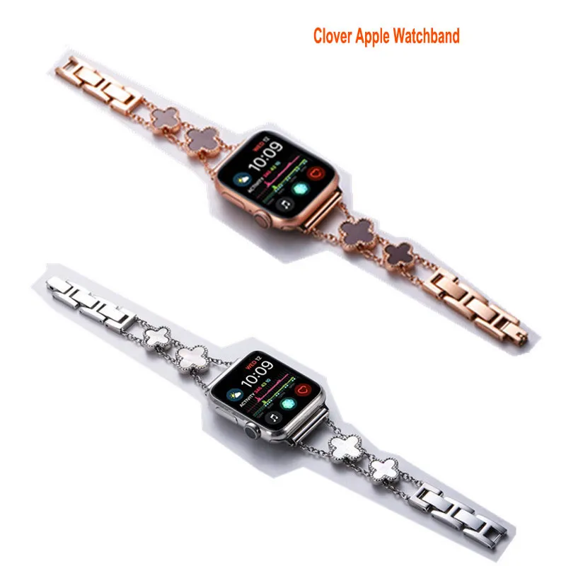 Lucky Clover Straps Metal Cowboy Crystals Kedjor för Apple Watch Armbandsband med Bling 38mm 40mm 41mm 42mm 44mm 45mm Iwatch Series 8 7 6 5 4 3 2 1 SE för kvinnor Dressy