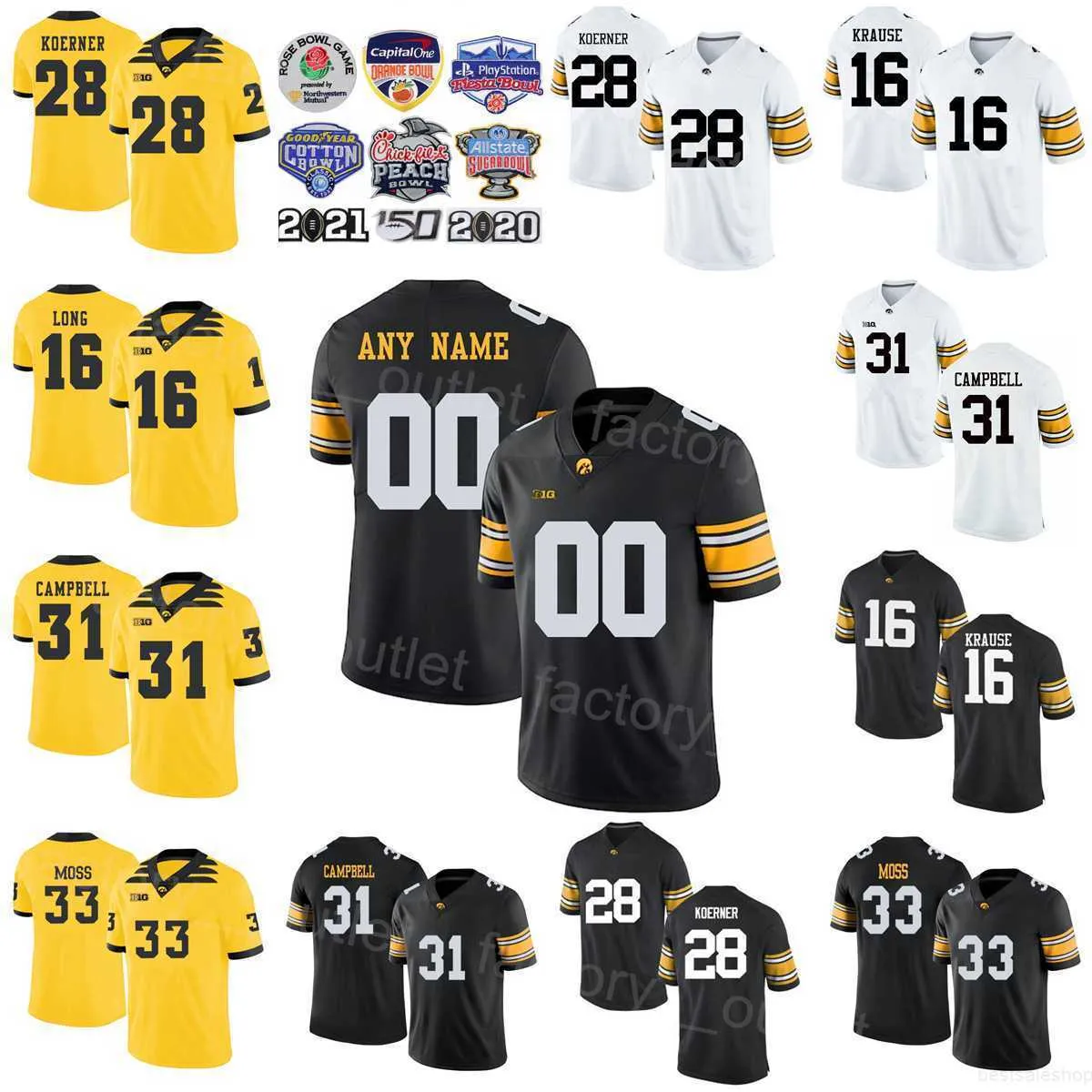 NCAA Iowa Hawkeyes Futebol da faculdade 31 Jack Campbell Jersey 28 Jack Koerner 33 Riley Moss