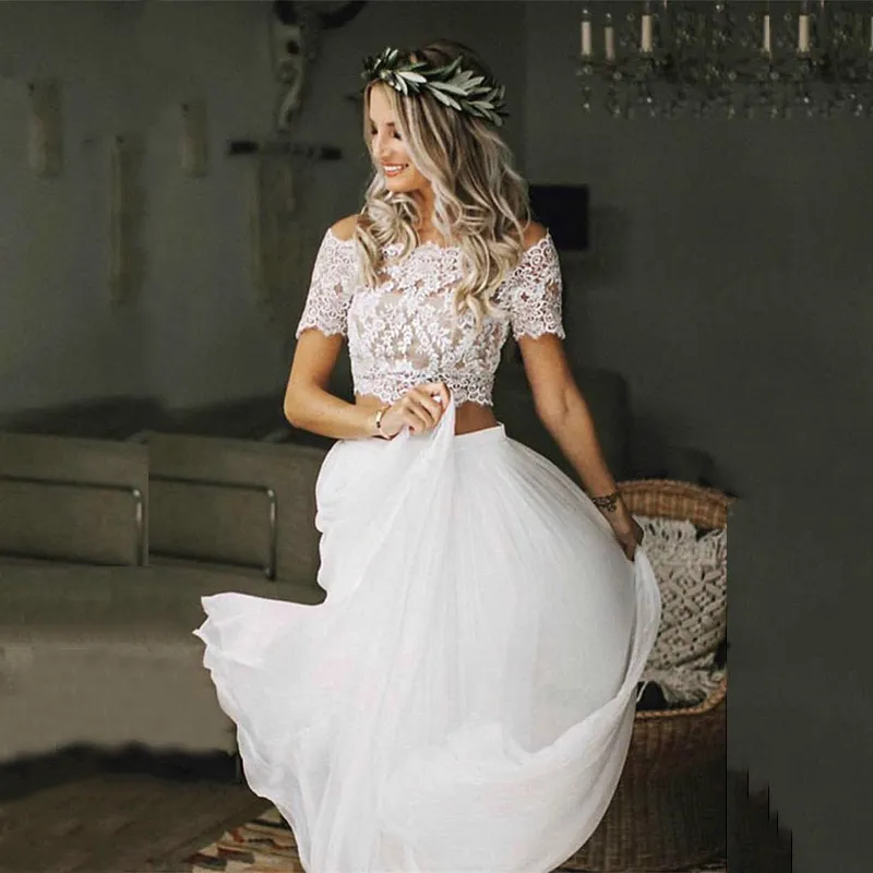 Affascinanti abiti da sposa Boho in due pezzi da sposa top in pizzo maniche corte scollo a barchetta abiti da sposa per la sposa