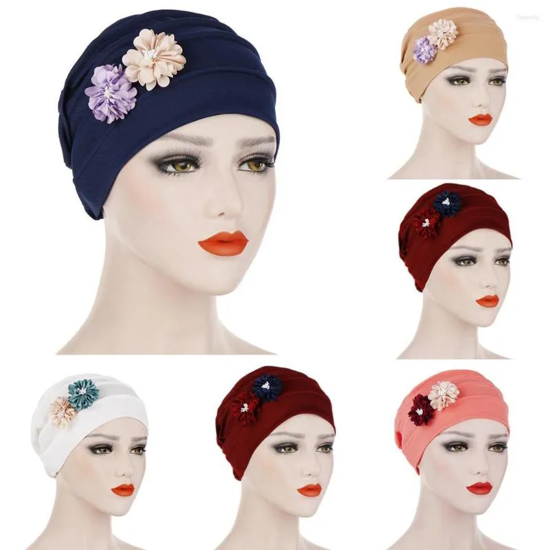 Casquettes de boule femmes solide chapeau à fleurs musulman à volants Turban Wrap Cap