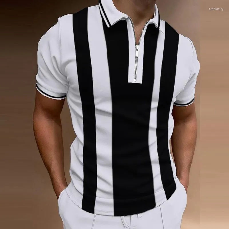 Erkek Polos 2022 Yaz İnce Polo Gömlek Moda Striped Patchwork Kısa Kollu Üstler Erkekler Günlük Dönüş Yatak Zip-up Gömlek