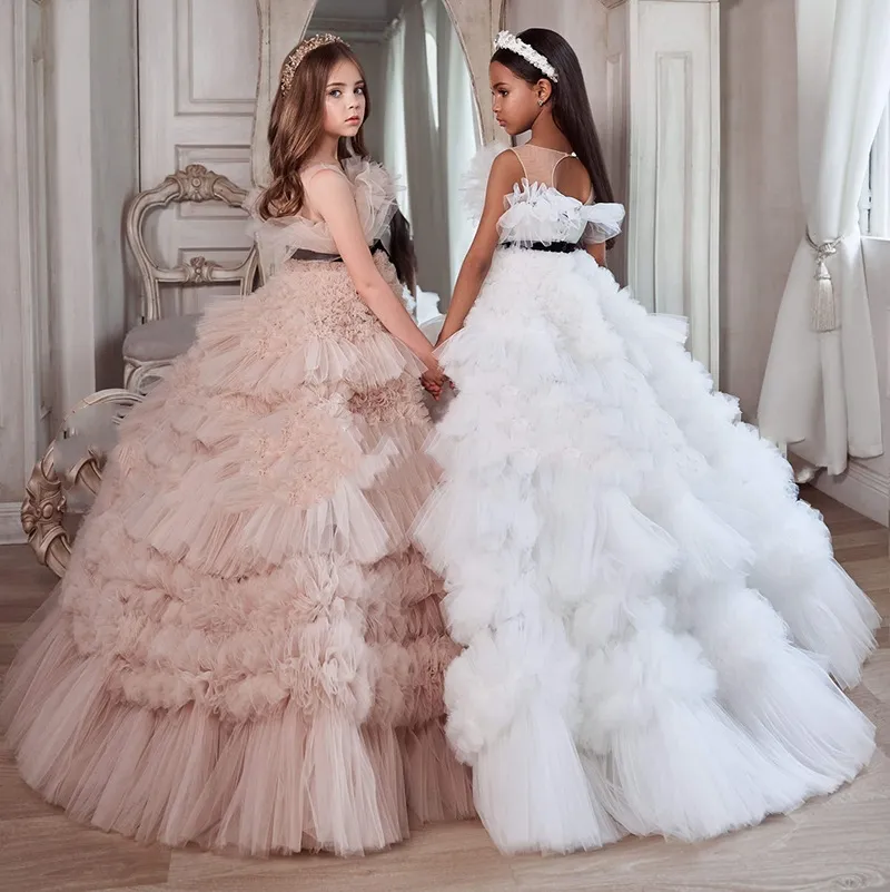 2023 Flower Girl Dresses Cute White Lace Little Kids Princess Jewel Neck Tulle Applique Puffy Floral Formal Wears Party Communion Pageant Gowns Sweep Train With Bow From 142 87 DHgate