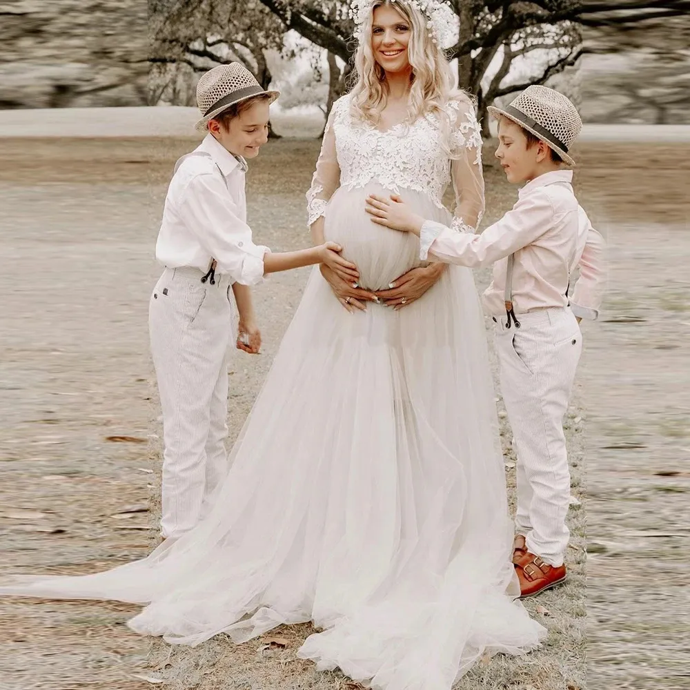 Lace Maternity Tulle Skirt Appliques 3/4 Sleeves Wedding Dress Lace Maternity Tulle Skirt Appliques 3/4 Sleeves Wedding Dress
