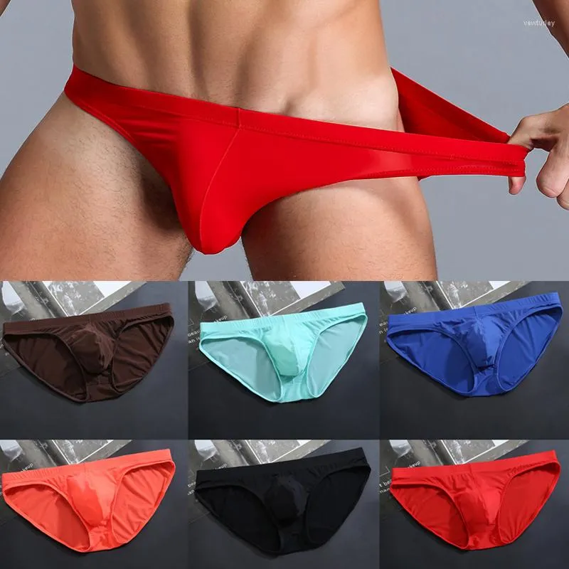Underbyxor män underkläder andningsbara sexiga mode trosor is silk nylon ultrat tunt låg midja trendig solid manlig bikini trosor