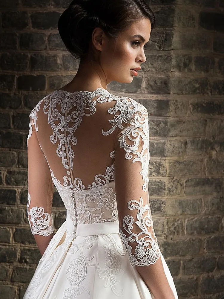 Elegant Lace Wedding Dress vestido de novia 2024 Half Sleeves V-Neck Bride Gowns Sweep Train Pockets Customize Robe De Mariee