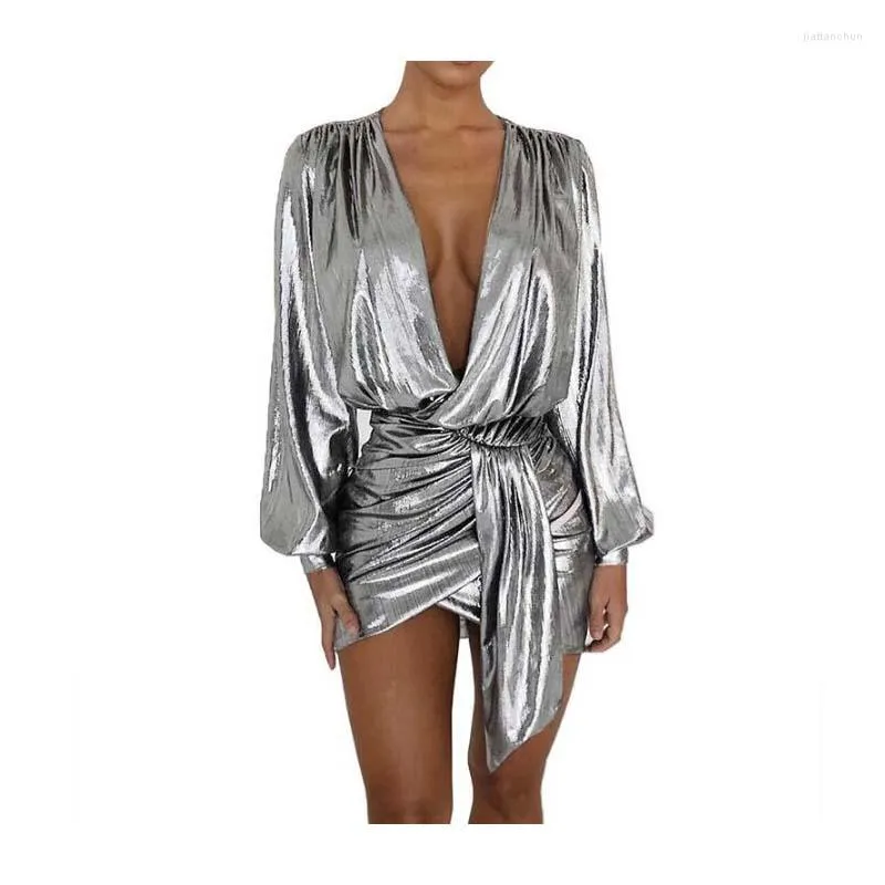 Casual Dresses Sexy Silver Long Sleeve Mini Dress Women Deep V Neck Ruched Night Out Clubwear Metallic Wrap Asymmetrical Club