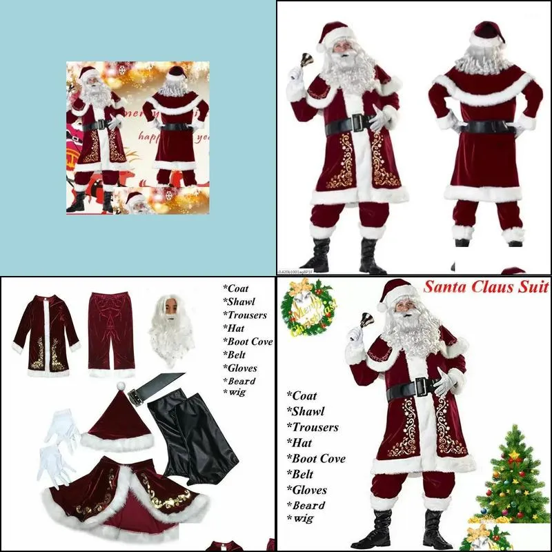Decoraciones navideñas Decoraciones navideñas Deluxe Veet Santa Claus Traje Adt Traje para hombre Guantes Chal Sombrero Tops Cinturón Pie Er Cosplay Dhmb6