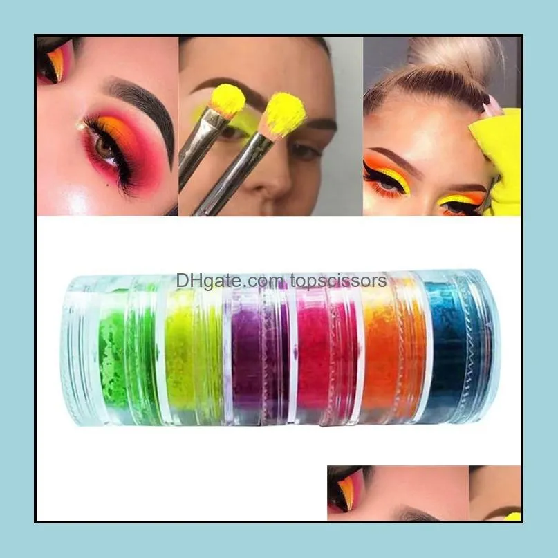 Sombra de ojos Colorf Neon Eyeshadow Powder 6 colores Sombra de ojos Nail Art Matte Glitter Fácil de usar Cosméticos Maquillaje Drop Delivery 2022 Dhhrf