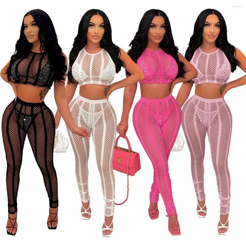 Damen Zweiteilige Hosen Sommer Strand Tragen 2 Set Frauen Sexy Sheer Mesh Cut Out Durchsichtig Tank Crop Top Leggings Club Skinny Anzüge