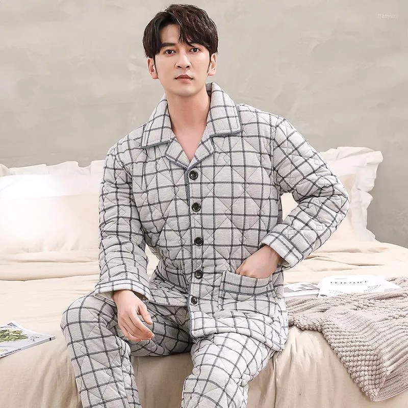 Men's Sleepwear Winter Knit Cotton Pajamas For Men Thick Three-layer Quilted Suit 2 Pcs Pyjama Homme Warm Casual Home Clothing Pijamas