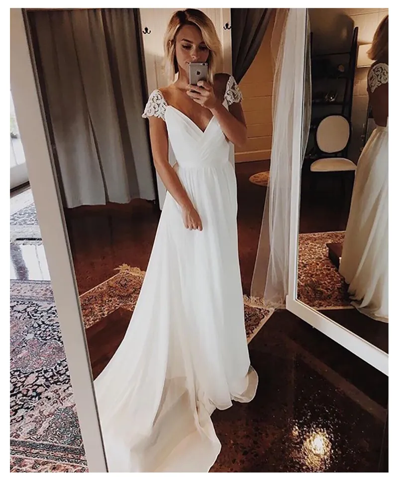 Abito da sposa con maniche ad aletta Abito da sposa con scollo a V in chiffon con applicazioni sulla spiaggia Abiti da sposa economici di alta qualità