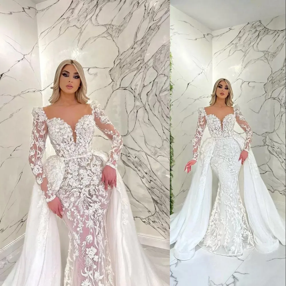 Mermaid Wedding Gowns: Elegant Illusion Neck Bridal Dress With Lace ...