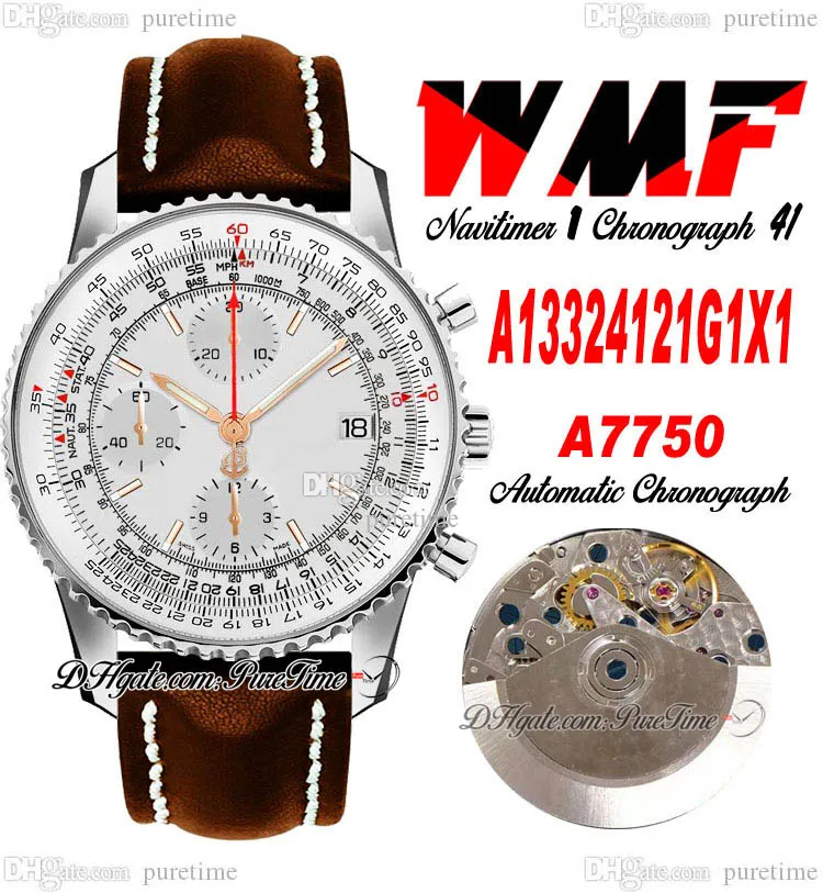 WMF A13324121G1X1 ETA A7750 Automatik-Chronograph Herrenuhr, silbernes Zifferblatt, Strichmarkierungen, braunes Lederarmband mit weißer Linie, Super Edition-Uhren, Puretime A1